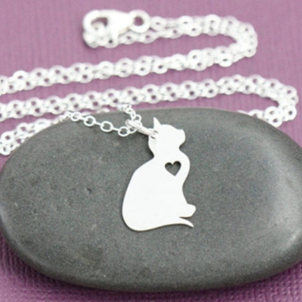 Silver cat heart cutout necklace